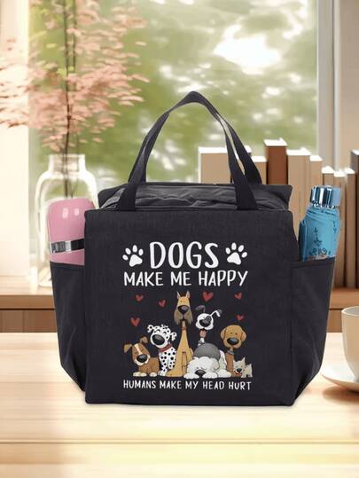 这款可爱的狗狗主题女士手提包，既可作野餐包，也可作其他用途。包身采用拉链封口，印有狗狗图案和“狗狗让我快乐”的字样。这款容量充足的手提包非常适合比赛日、日常休闲使用、旅行、休闲郊游以及宠物爱好者。它也适合工作、上学、郊游、赠送亲朋好友生日礼物、婚礼季、作为纪念品、伴娘礼物等场合，是理想的送礼佳品。