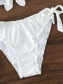 Bộ bikini mùa hè ngọt ngào với áo yếm xếp nếp và bikini tam giác buộc dây bên hông, kiểu dáng dự tiệc bãi biển, màu trắng. - trắng - Xem 5