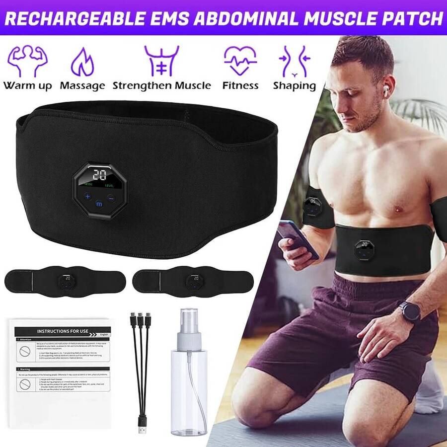 1set Smart 10 Modes One-Touch Operation Breathable Neoprene EMS Muscle Stimulator Kit, Sleek Black Portable Abdominal Toning Belt With Body Patches, Rechargeable Design, Perfect For Fitness, Slimming, Muscle Recovery, Home Workout, Ideal Gift For Fitness Enthusiasts & All-Year Daily Wellness Use
