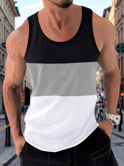 Men's Summer Colorblock Sleeveless Tank Top, Gym Fitness Bodybuilding Sports Running Training Outdoor Casual Basic Top