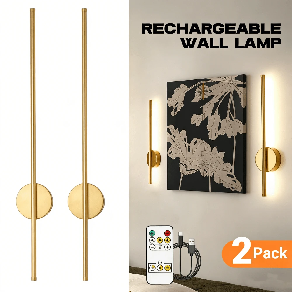 2pcs Luxury Black/Gold Wall Lamps With Remote Control - 50cm/80cm Type-C Rechargeable, Magnetic Installation, Dimmable, Suitable For Bedroom, Study, Living Room And Staircase