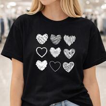 Camiseta de algodón para mujer con estampado de corazón rojo, camiseta blanca casual para uso diario o como camiseta conmemorativa para amigos o seres queridos. También adecuada como suéter. Entrega rápida. - Negro - Ver 1