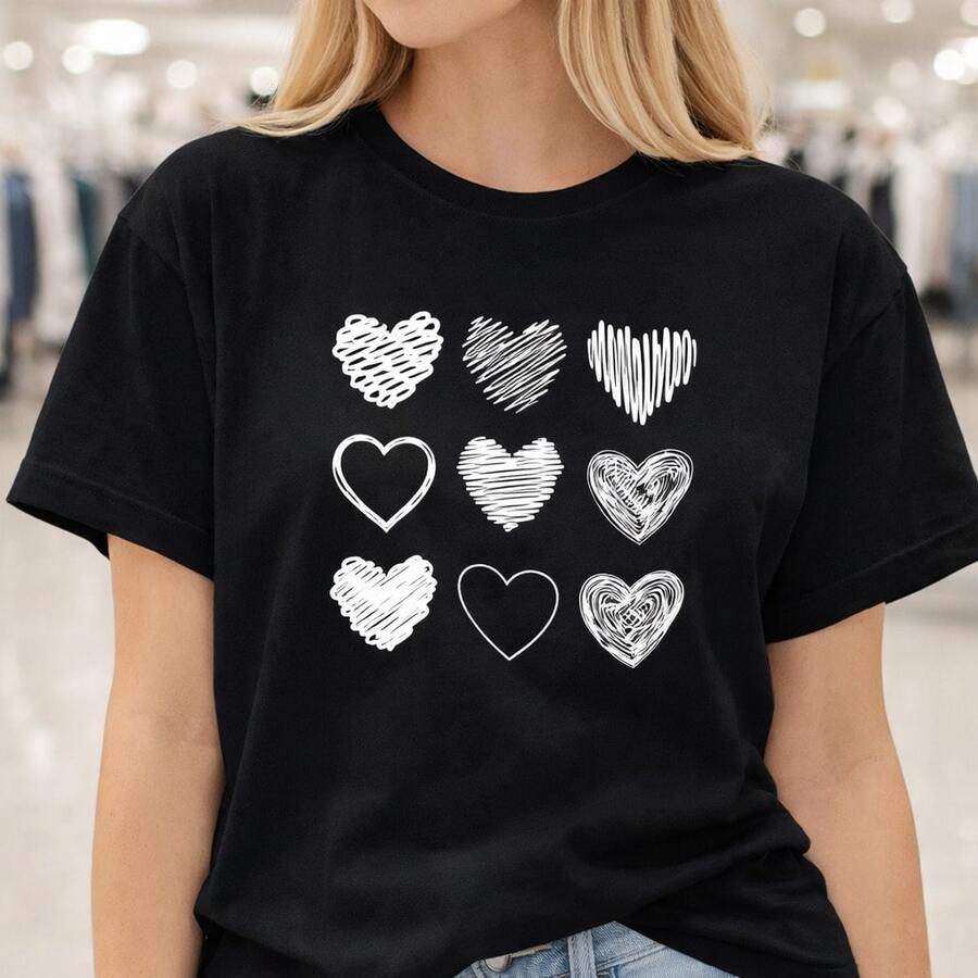 Camiseta de algodón para mujer con estampado de corazón rojo, camiseta blanca casual para uso diario o como camiseta conmemorativa para amigos o seres queridos. También adecuada como suéter. Entrega rápida. - Negro - Ver 1
