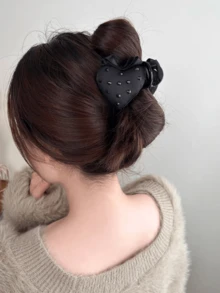 手工缝制黑色水晶草莓高马尾夹，优雅发髻造型器 - 黑色 - 查看 3