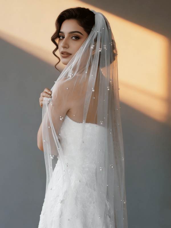 1pc Multi-Size Faux Pearl Bridal Veil, Suitable For Cathedral Wedding, Bachelorette Party, Civil Registration And Wedding Photography, Comes With Hair Comb