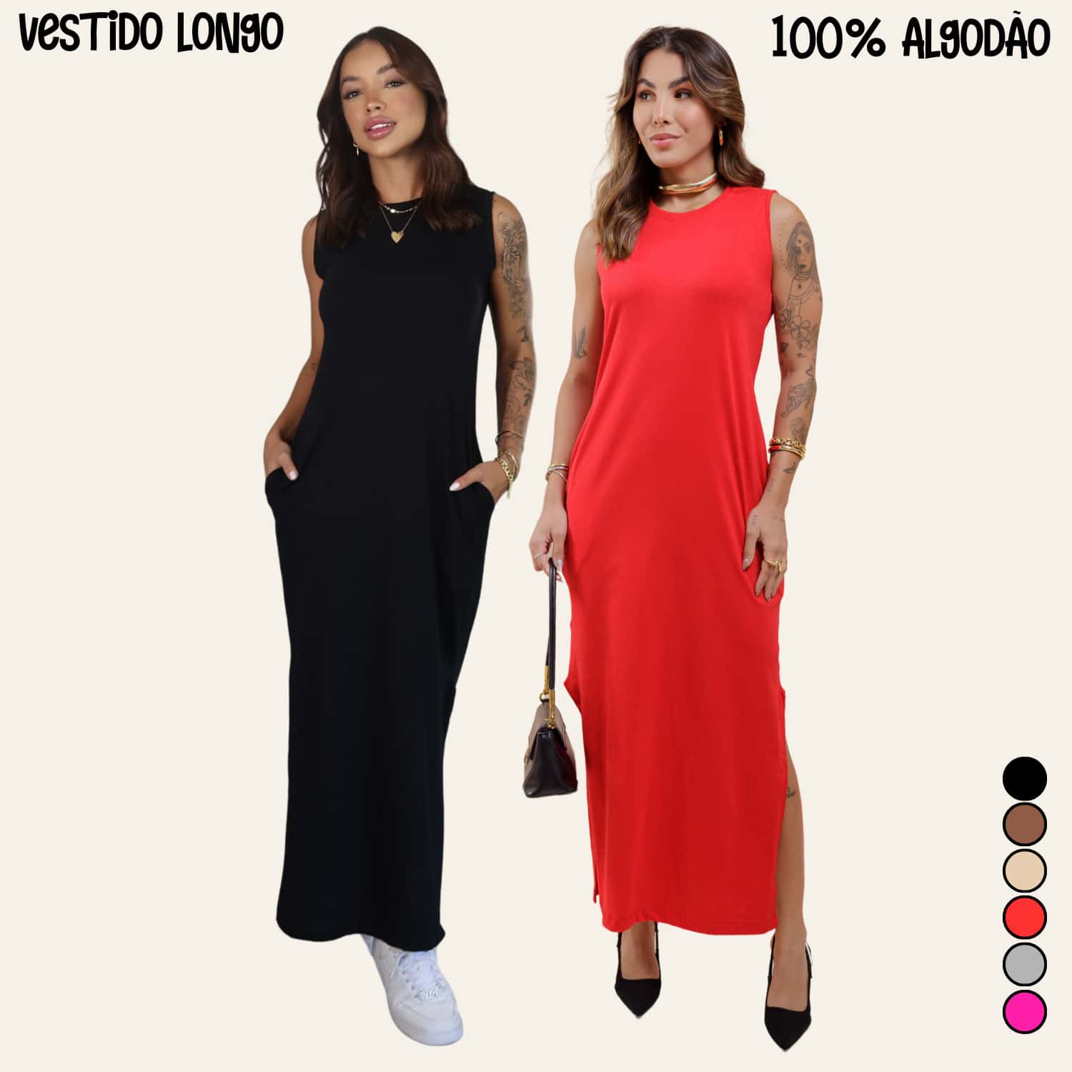 Women's Long Dress Set With Side Slit And Pockets - Black + Red - View 1
