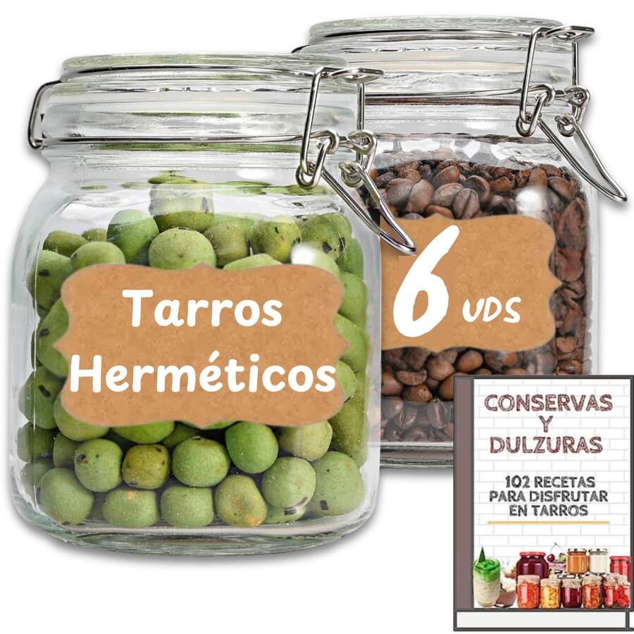 6 Tarros de Cristal Herméticos (Elegir Tamaño) – Tarros herméticos de Almacenamiento para Alimentos, Conservación Fresca y Organizada - Incluye Etiquetas + Ebook de 102 Recetas - Ver 1