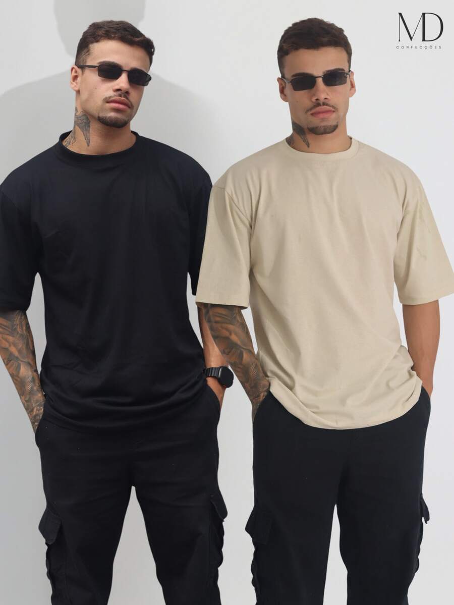 Kit 2 Men's Oversized T-Shirt Streetwear Plain Cotton Basic Collar - 裸色/黑色 - 查看 1