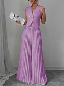 Traje de oficina de lujo y elegante en color púrpura, conjunto de 2 piezas con chaleco sin mangas + pantalones anchos plisados para primavera - Lila Púrpura - Ver 2