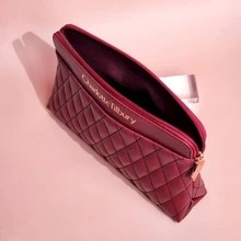 Charlotte Tilbury Burgundy Quilted Makeup Bag, Velvet Texture Cosmetic Pouch With Gold Zipper Pull - Unlock Luxurious Experience - Burgundy - View 3