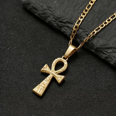 dollrinboy 1pc Textured Ankh Cross Pendant Necklace, Unisex, 3mm Stainless Steel Figaro Chain Necklace, Vintage Egyptian Cross Necklace, Minimalist Jewelry