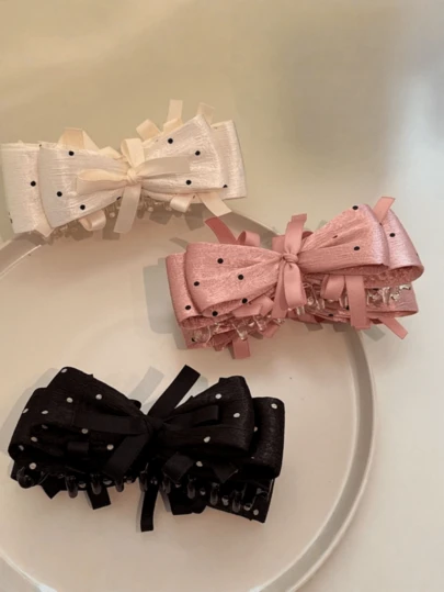 1个韩式波点荷叶边蝴蝶结香蕉发夹，优雅女士马尾辫发圈