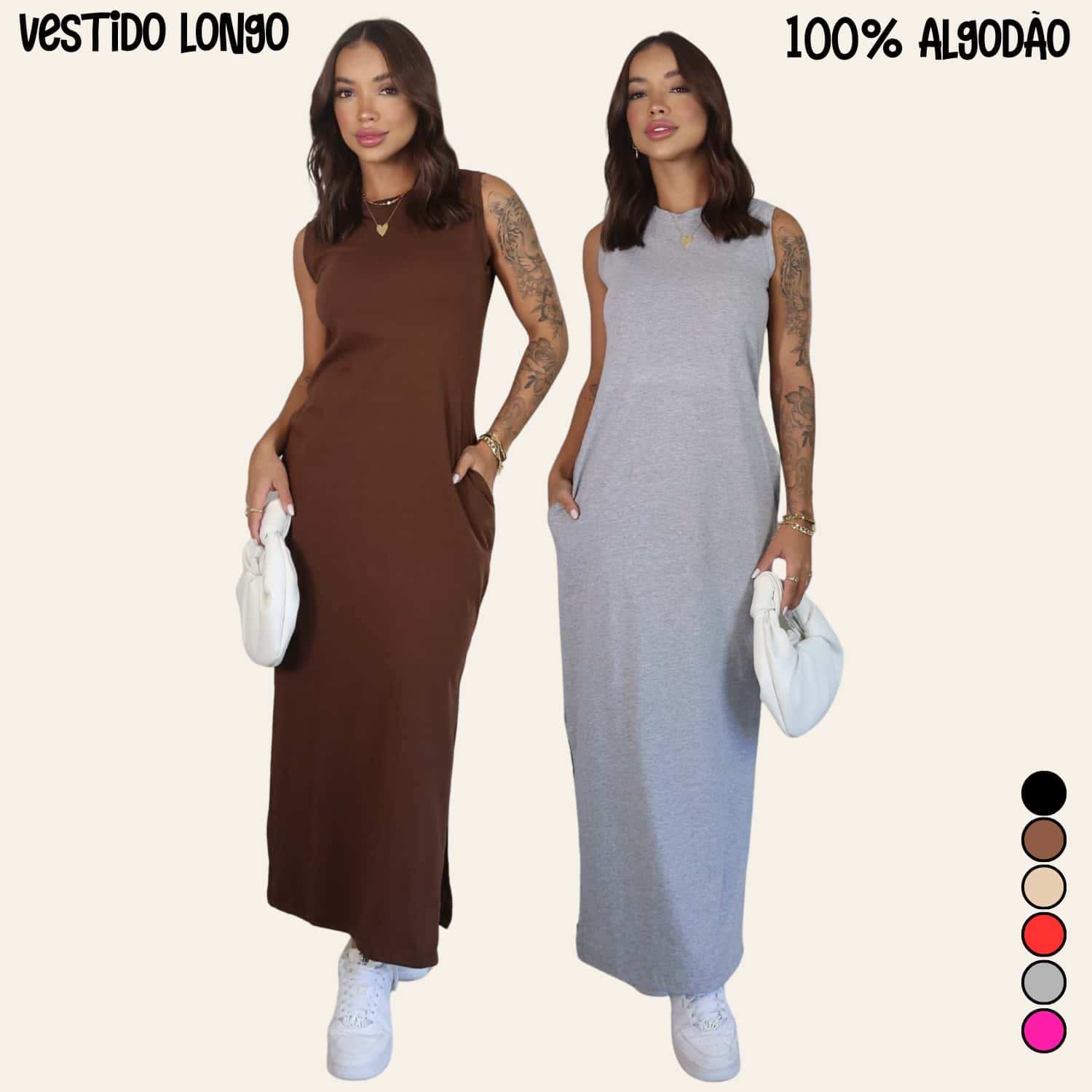 Women's Long Dress Set With Side Slit And Pockets - Brown + Gray - View 1