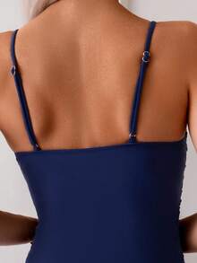 Women's Solid Color Spaghetti Strap Bikini Swimwear Vacation Beach Summer - Navy Blue - View 5