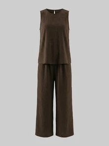 Women's Sleeveless Pleated Drawstring Wide Leg Pants 2 Pieces Set, Dark Coffee Color, Minimalist Relaxed Fit For Daily And Commute Wear, Spring/Summer Elegant - Dark Brown - View 3