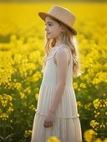 Tween Girl Summer Vacation Lace Backless Splicing Dress With Large Hemline And Straps - Beige - View 10