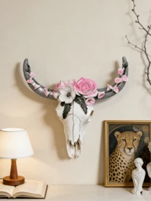 Resin Bull Skull Wall Hanging Decoration, Succulent Plant And Flower Bull Skull Wall Decoration, 3D Animal Sculpture Ornament, Handicraft, Home Decoration, Nordic Style Art Piece, Festive Decoration, Wishing You A Happy Eid! - A - View 12
