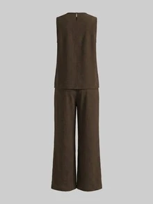 Women's Sleeveless Pleated Drawstring Wide Leg Pants 2 Pieces Set, Dark Coffee Color, Minimalist Relaxed Fit For Daily And Commute Wear, Spring/Summer Elegant - Dark Brown - View 2