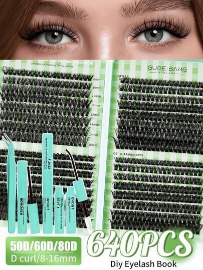 640pcs D-Curl Mixed 50D+60D+80D Fluffy Lash Extension Kit, 8-16mm Cluster Lashes With Glue, Remover, Tweezer For Beginners, Durable & Easy To Use, Suitable For Daily Wear, Travel, Photography, Party, Wedding