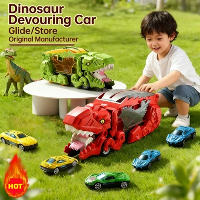 [Hot] Extra Large Tyrannosaurus Rex Dinosaur - Realistic Swallowing Car Toy Set, Includes 8 Stylish Mini Racing Cars - Exciting Educational Gift For Birthday, Christmas Or Halloween
