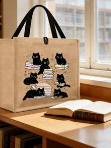 2 pièces/set Sac fourre-tout en jute imprimé chat mignon avec pochette intérieure, sac à bandoulière en canevas spacieux avec sac de rangement assorti, convient pour un usage quotidien pour transporter des épiceries, des livres, des articles essentiels, idéal pour les amateurs de chats, les femmes, les étudiants, les navetteurs, parfait pour les sorties de tous les jours, les courses, l'école, le marché fermier, peut également être utilisé comme sac à main décontracté. - Multicolore - Voir 6