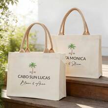 Customized Personalized Wedding Woven Tote Bag - Can Customize Name And Date, Palm Tree Pattern Design, Natural Canvas And Palm Woven Handles - Suitable For Beach Wedding, Garden Wedding, Bridal Party Or Honeymoon Gift, Customized Fashionable Unique Personalized Wedding Palm Woven Tote Bag - Name And Date, Palm Tree Pattern, Beach Style - Bridal Party And Honeymoon Gift - Multicolor - View 3