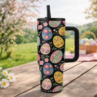 mikenda 1个40盎司复活节花卉彩蛋图案保温杯，带手柄和吸管，不锈钢保温旅行杯，大容量春季饮水杯，女士礼品