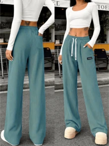 Hidkat Women's Spring/Autumn Corduroy Sports Casual Pants, Solid Color With Drawstring Pockets, Made Of Soft And Comfortable Fabric, Suitable For Daily Casual Activities. - 藍色 - 查看 1