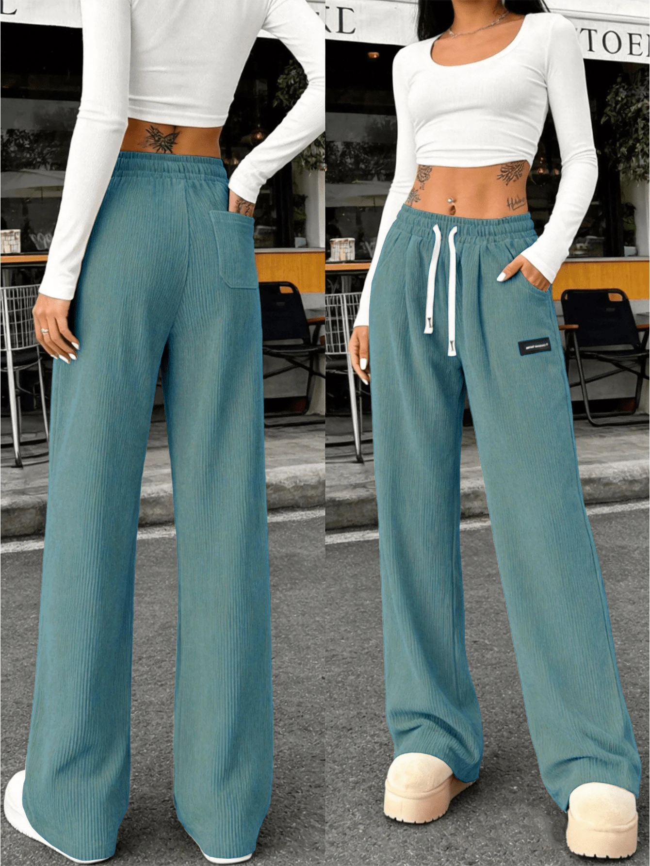 Hidkat Women's Spring/Autumn Corduroy Sports Casual Pants, Solid Color With Drawstring Pockets, Made Of Soft And Comfortable Fabric, Suitable For Daily Casual Activities. - 藍色 - 查看 1