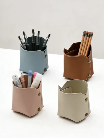 1pc Square Leather Pen Holder, Creative Detachable Stationery Pen Box, Home/Office Makeup Brush Pencil Organizer, Student Desk Pen Pot With Ruler, DIY Pen Holder