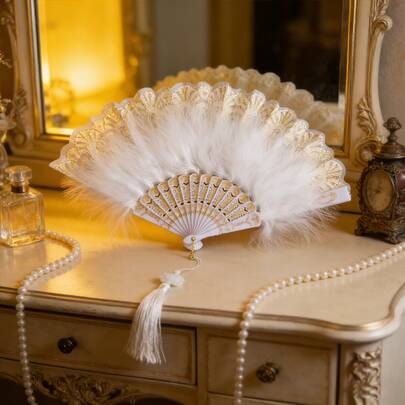 Vintage White & Black Feather Hand Fan With Gold Lace Trim And Pearl Tassel – Elegant Gothic Lolita Victorian Style Fan For Wedding Bridal, Cosplay, Halloween Costume, Photo Booth Props, Tea Party Decor