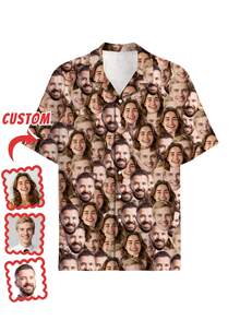 1pc Customizable Men's Hawaiian Shirt, Brazil Collar Button-Up Shirt, Personalized Short Sleeve Shirt With Funny Face Print, Personalized Photo Gift For Boyfriend, Husband, Family, Friends, Birthday Gift, Father's Day Gift, Vacation Core - Multicolor - View 3