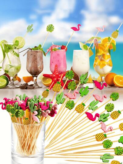 100支热带鸡尾酒签，夏威夷开胃菜牙签，火烈鸟菠萝棕榈叶水果串，竹珠鸡尾酒签，适用于饮品和肉类拼盘，优雅的牙签可用于小吃、甜点和食物装饰，夏季海滩派对用品，生日婚礼烧烤野餐装饰，节日活动餐具配件，适合热带主题庆祝活动