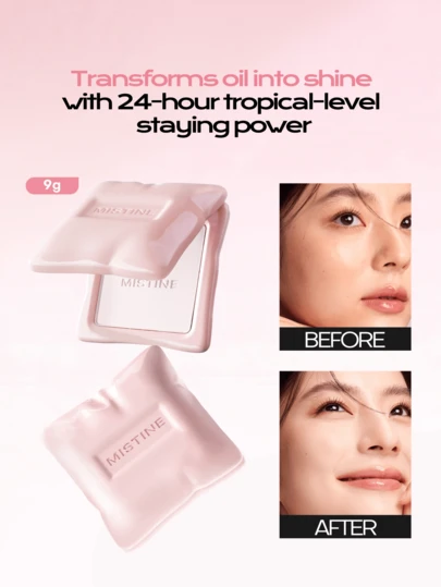 MISTINE Polvo compacto mate de enfoque suave 01 9g, de larga duración, control de grasa, iluminador, corrector, retoques, resistente al agua y al sudor, y ajuste cómodo