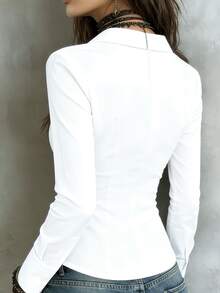 French Fitted Slimming Elegant Versatile Design Solid Color Shirt, Crease Buttons Front Lapel Collar Casual Office Wear White Spring - White - View 2