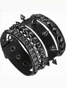 Set Of 3 Men's Punk Rock Leather Bracelets In Black With Silver Chain And Rivets / Gun Black Adjustable Unisex - 槍黑色 - 查看 1
