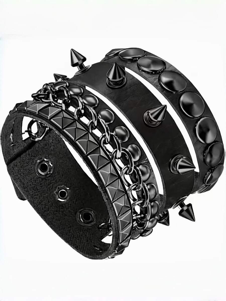 Set Of 3 Men's Punk Rock Leather Bracelets In Black With Silver Chain And Rivets / Gun Black Adjustable Unisex - 槍黑色 - 查看 1