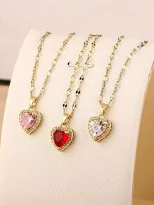 1pc Elegant Heart-Shaped Copper Pendant Necklace, Heart Necklace, Cubic Zirconia, Stainless Steel Chain, Summer Jewelry Gift, Suitable For Girls And Women - Multicolor - View 7