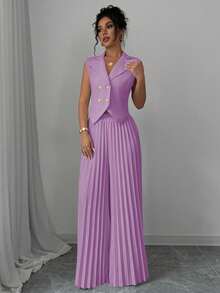 Traje de oficina de lujo y elegante en color púrpura, conjunto de 2 piezas con chaleco sin mangas + pantalones anchos plisados para primavera - Lila Púrpura - Ver 5