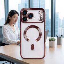 DECOPHONE 1pc Shiny Pink Metal Frame Open Magnetic Case, Simple, Elegant, And Stylish Protection, Compatible With Apple 17 Pro, 17 Pro Max/Supports Wireless Charging With Lens Protection. - Pink - View 2