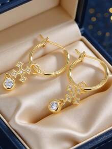 Pendientes de aro chapados en oro para mujeres, adornados con cruces de circonita y colgantes redondos, de estilo minimalista y elegante, adecuados para el uso diario y el vestuario laboral, un regalo ideal para entusiastas de la moda - Dorado - Ver 3