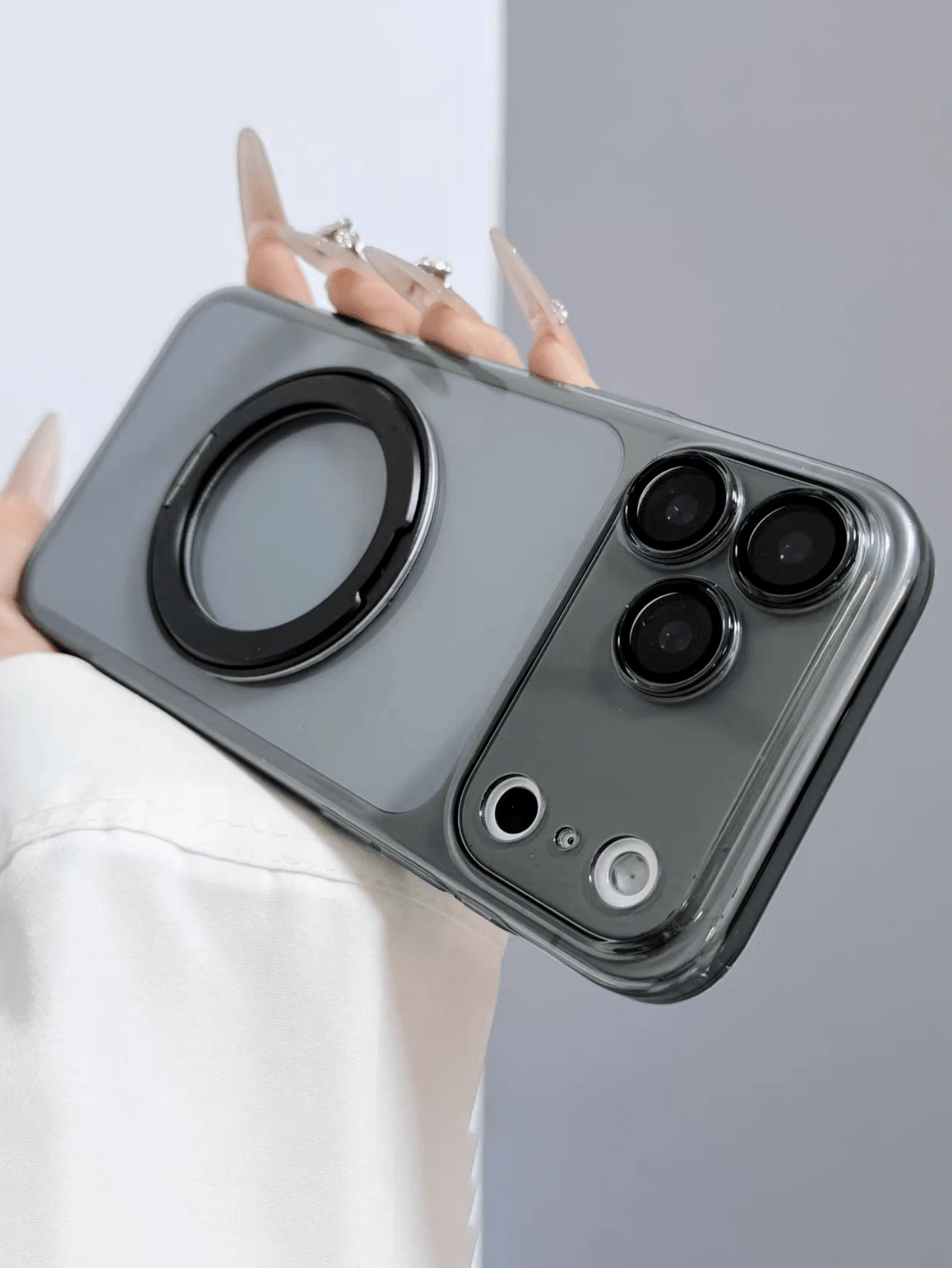 1 pieza Funda protectora de teléfono magnética con soporte giratorio de 360°, de PC duro y lente transparente, compatible con iPhone 17 Pro Max, 17 Pro, 16, 15, 14, 13, 12 Pro Max, 14, 15, 16 Plus, 11, a prueba de golpes y con tapa trasera transparente - Negro transparente - Ver 1