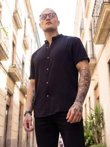 Men's Short-Sleeve Shirt With Mandarin Collar, Premium Quality, Lightweight And Cool Fabric, Easy To Iron, Perfect For Work And Parties, Summer And New Year's Eve - 黑色 - 查看 3