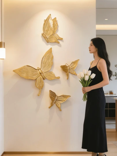 4pcs Gold Butterfly Home Decor Wall Hanging, Handmade ABS Resin Craft Ornaments, Suitable For Living Room, Study, Store, Party & Celebration Wall Decoration