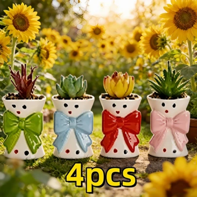 4pcs Creative Snowman Flower Pot For Succulents, High-Temperature Fired Ceramic Planter With Adorable Bow Decoration, Indoor Outdoor Green Plant Container
