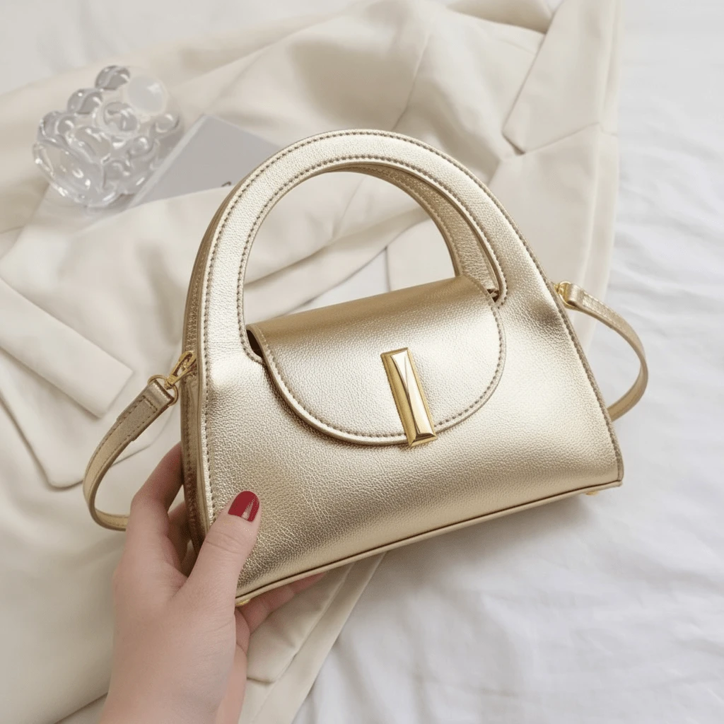Women's Mini Structured Fashion Bag With Removable And Adjustable Long Strap, Fits A Cell Phone - Gold - View 1