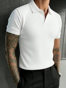 Men's Ribbed Airplane Collar Polo Knit Shirt, Short Sleeve, Summer Fashion - White - View 7