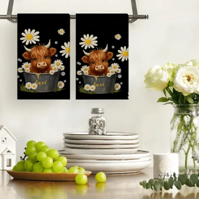 2/4/48pcs Kitchen Dishcloths, Black Base With Yellow & White Daisy Flower And Cow Decor Pattern, Soft & Durable, Highly Absorbent, Suitable For Kitchen And Holiday Decoration, Multi-Purpose Cleaning Towels