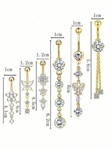 14G黄金垂坠式肚脐环套装（女士） - 6件套锆石蝴蝶花朵肚脐穿刺饰品 - 金色 - 查看 2