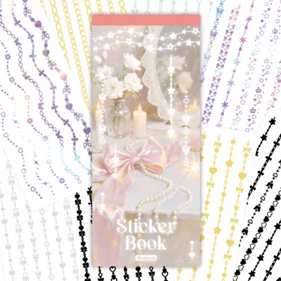 链条形状贴纸簿，30张PET材质，带边框，多色设计，适用于日记、剪贴簿、DIY装饰